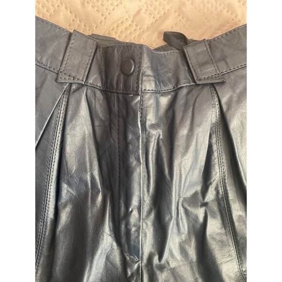 Vintage 80s Navy Blue Leather High Waist Pleated Tapered Pants Korea Sz 4 - Picture 7 of 15
